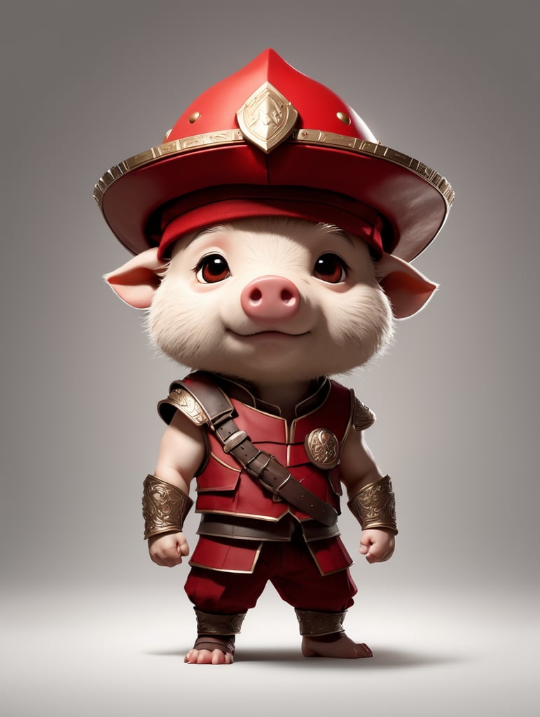 boar, gladiator, hat, simple background, pants, red headwear, vest, chibi, cinematic light