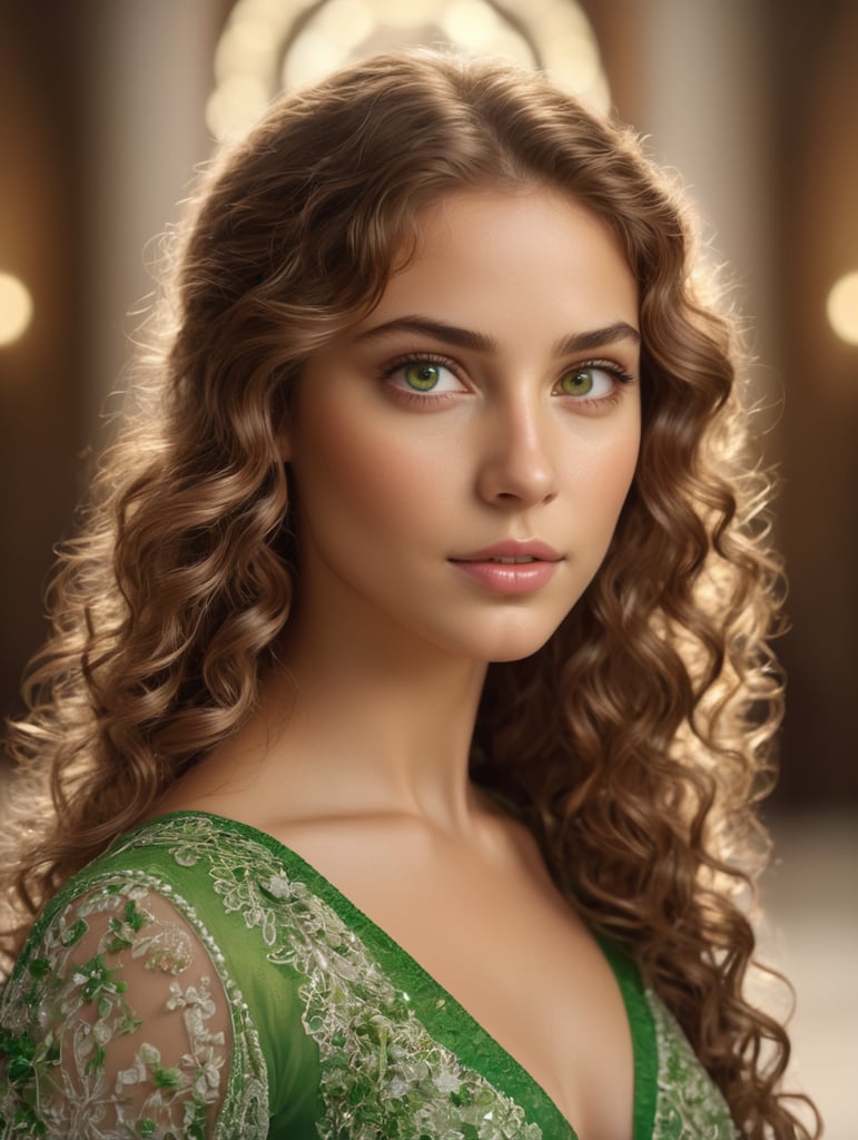 ((masterpiece)) 1girl, green eyes, light soft skin, curly long brown hair, portrait, (extremely intricate:1.3), (photorealistic:1.5) (Optimal lighting) (Extremely complex and detailed) , 4k unity, (Super detailed CG: 1.2) , (8k: 1.2)