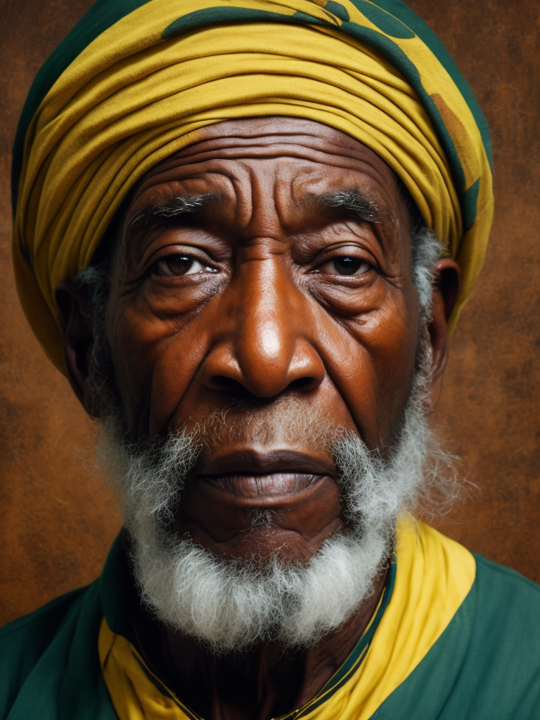 Jamaica's Old Man, portrait, realistic image, lots of details, wearing turban