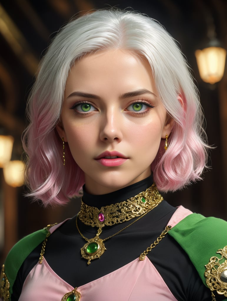 Белые волосы не очень длинные, зеленые глаза, тонкая золотая цепочка, розовая Майка не очень длинная, черные широкие штаны