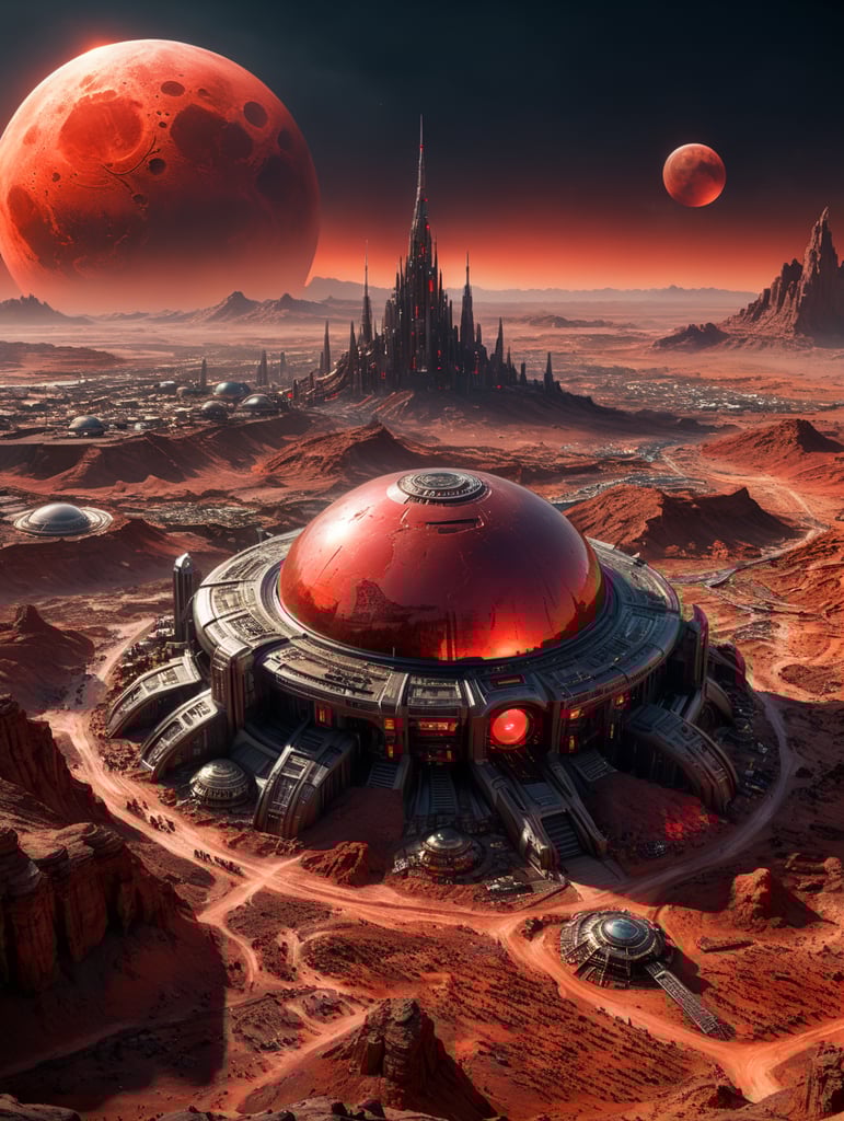 glass alien city on planet Mars, setting red moon, terminator movie style