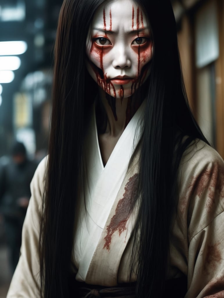 Kuchisake-onna (口裂け女, 'Slit-Mouthed Woman')[1] is a malevolent figure in Japanese urban legends and folklore. Described as the malicious spirit, or onryō, of a woman, she partially covers her face with a mask or other item and carries a pair of scissors, a knife, or some other sharp object. She is most often described as having long, straight, black hair, pale skin, and otherwise being considered beautiful (except for her scar). She has been described as a contemporary yōkai.[ ,Rotting flesh ,hored of flesh horror, ironic, creepy, scary caricature, satire, hyperdetailed illustration by Brian Bolland and iconic, hyperdetailed, digital illustration by Derek Riggs, (iconic, hyperdetailed, haunting digital illustration by Zdzisław Beksiński and Peter Gric. ) and artist Vincent Locke