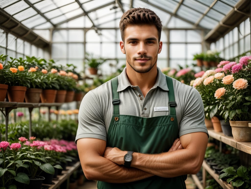 Realistic photography of a handsome young male florist gardener posing in greenhouse. Small business owner in flower shop