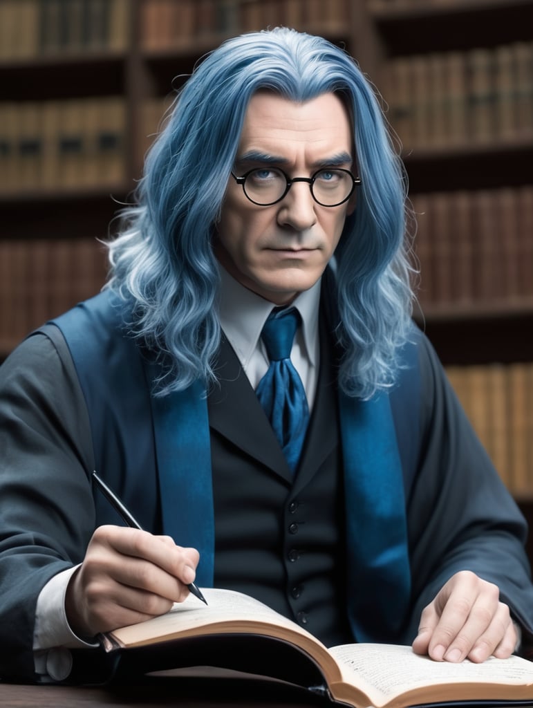 professor Snape from Harry Potter with blue hair, serious face teaching a lecture