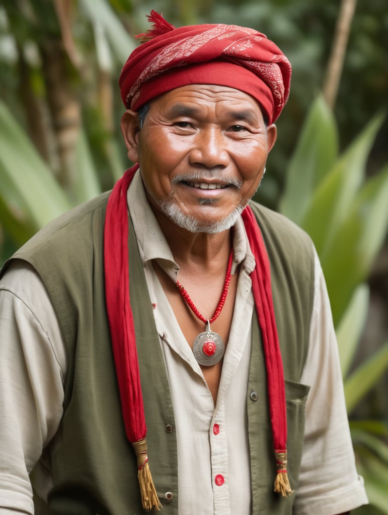 old male chubby filipino healer with red bandana. front faced, full body. thick eyebrows. brown skin. wearing an amulet. looks like a seller of healing oil and herbal leaves. inside a bahay kubo. cheerful personality