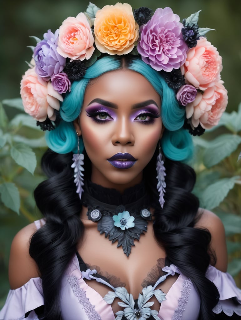 Hd photography, photograph, 3 4 pose, black woman, pastel gothic makeup, fairy goth, gothic style, pastel, beauty portrait, big flowers headband, big flower crown