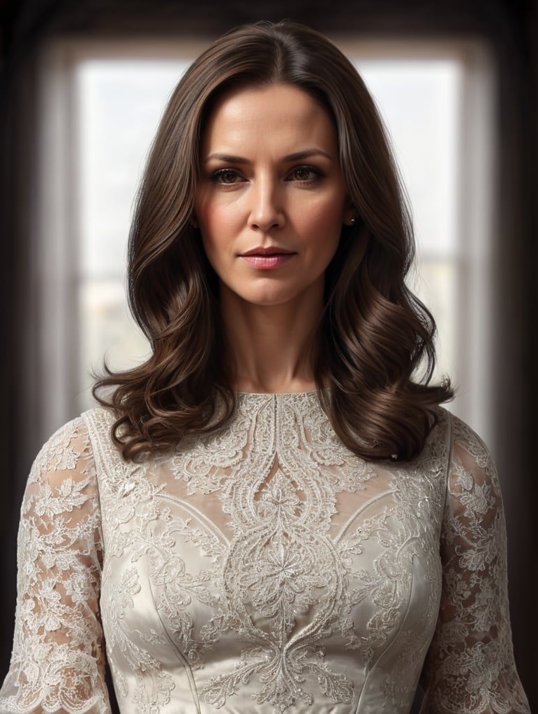 A 40-year-old woman with straight dark brown hair wearing a Dress modestly, Half-body close-up photos,