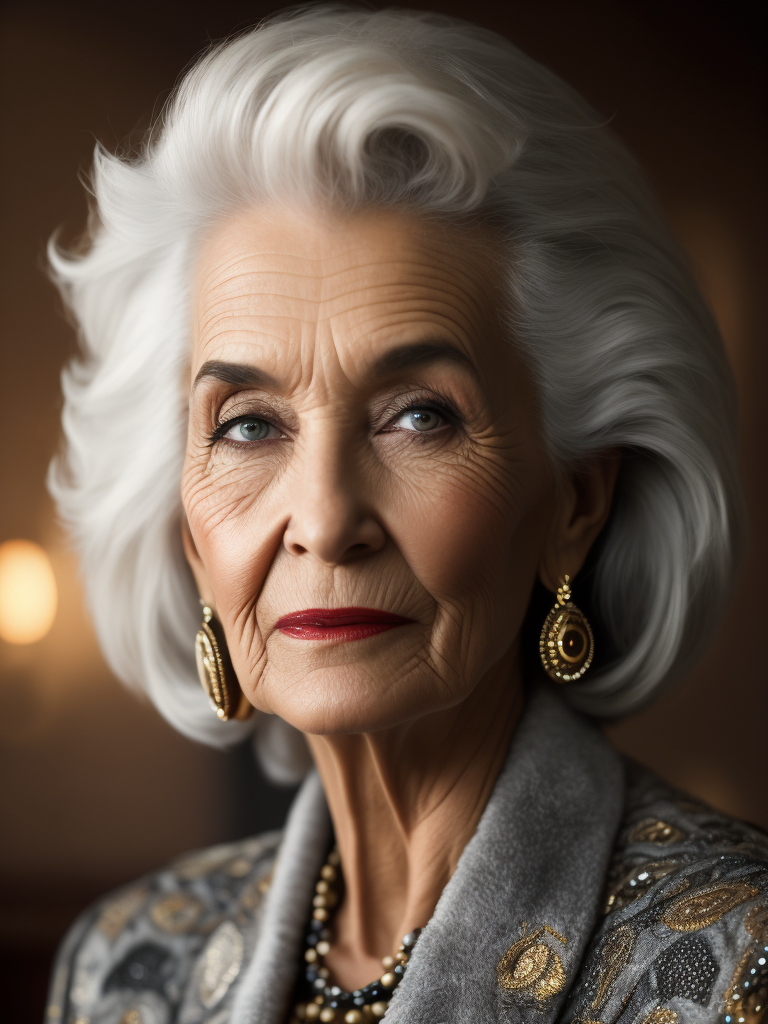 A 70yr old supermodel with classic Chanel make-up and beautifully styled volume hair, beautiful pores and skin texture, detailed high resolution image, grey hair, Dior makeup, award winning fashion editorial image, soft lighting, gentle expression, she is content with her age