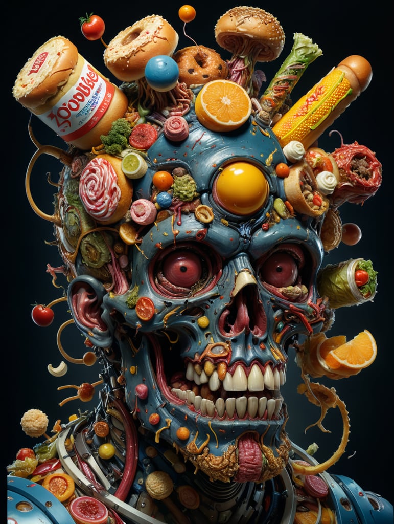 The anatomy of a zoombie head made of junk food, an ultrafine detailed painting by james jean, octopath traveler, behance contest winner, vanitas, angular, altermodern, surreal