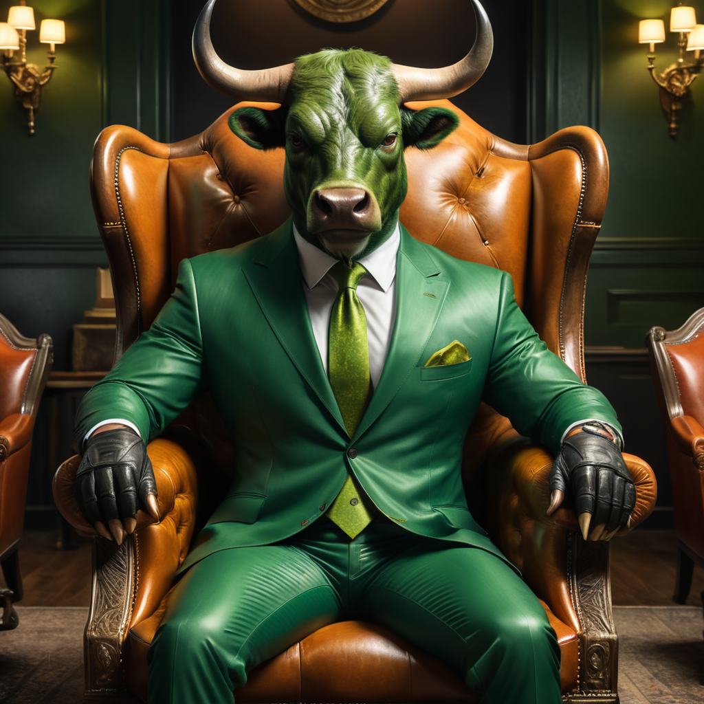 A men wearing green suit and has a bull's head sitting in leather armchairs.