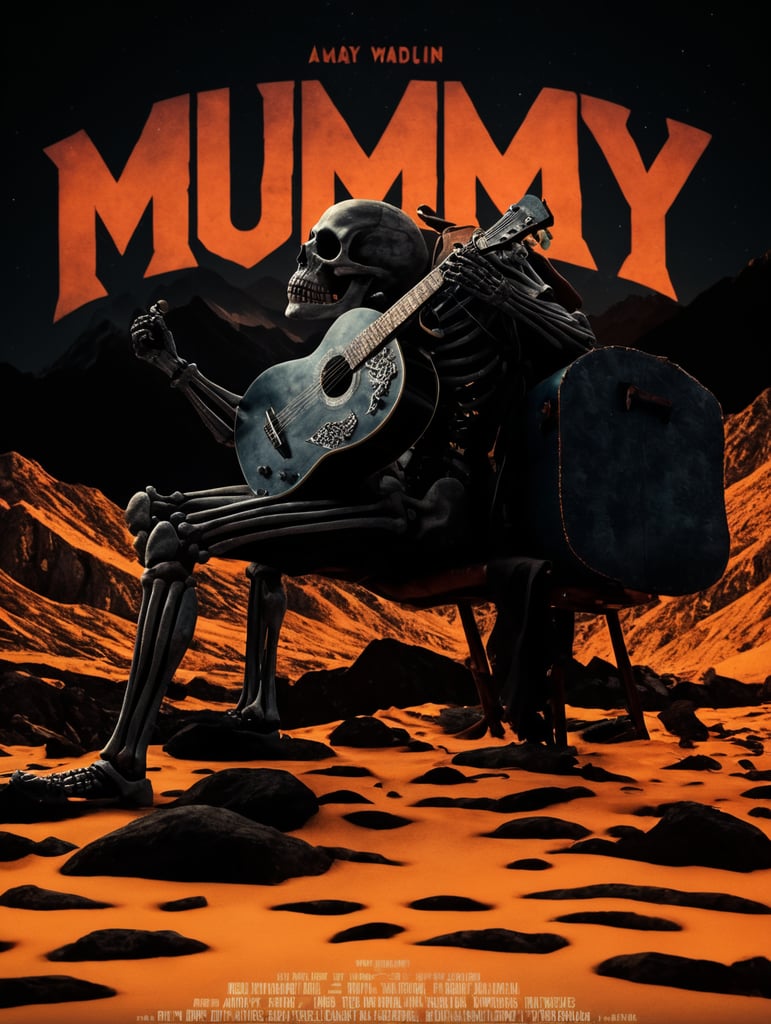 Dead body of a mountaineer playing a guitar. Skeleton, vintage, mountains in the background