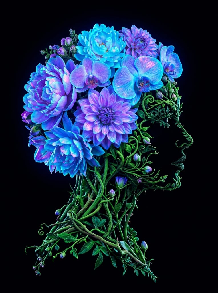 A surreal profile silhouette of a human head facing right, constructed entirely from oversized floral elements against a stark black background. The delicate contours of the face, including the forehead, nose, lips, and chin, are intricately sculpted from curled leaves and budding stems. Large blooming flowers dominate the head shape, rendered in electric neon blue, cyan, and ultraviolet tones with iridescent pink highlights on the petals. Interlocking thick stems and sharp foliage form the lower neck and bust structure. The composition utilizes a striking double-exposure illusion with stark high-contrast lighting, giving the vividly textured botanical forms a bioluminescent, glowing quality.