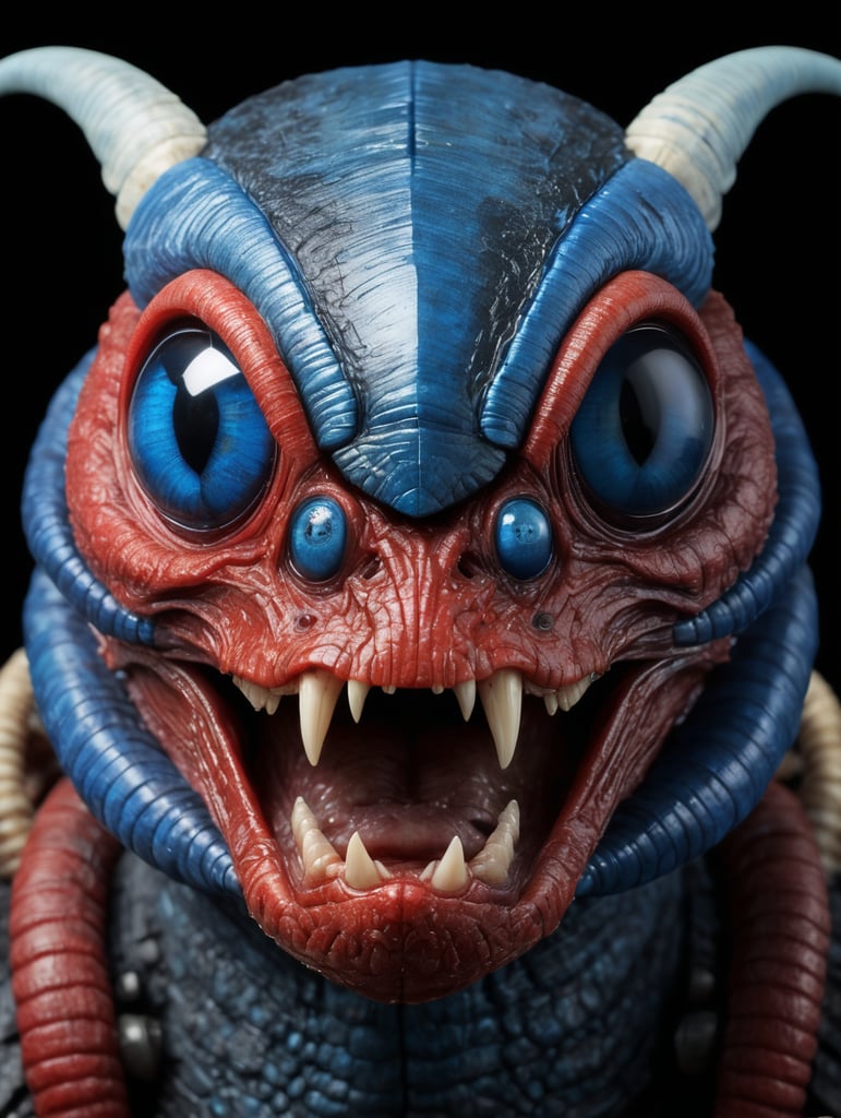 Termitor head, realistic, black background, a blue hue, head facing the camera, eyes not the red just a little bit