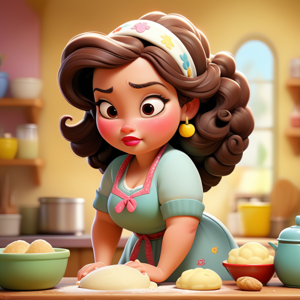 South American brunette woman, chubby, full lips, curly dark brown hair, wearing an apron, headscarf in a kitchen in front of a counter kneading a loaf of bread, Disney Pixar style