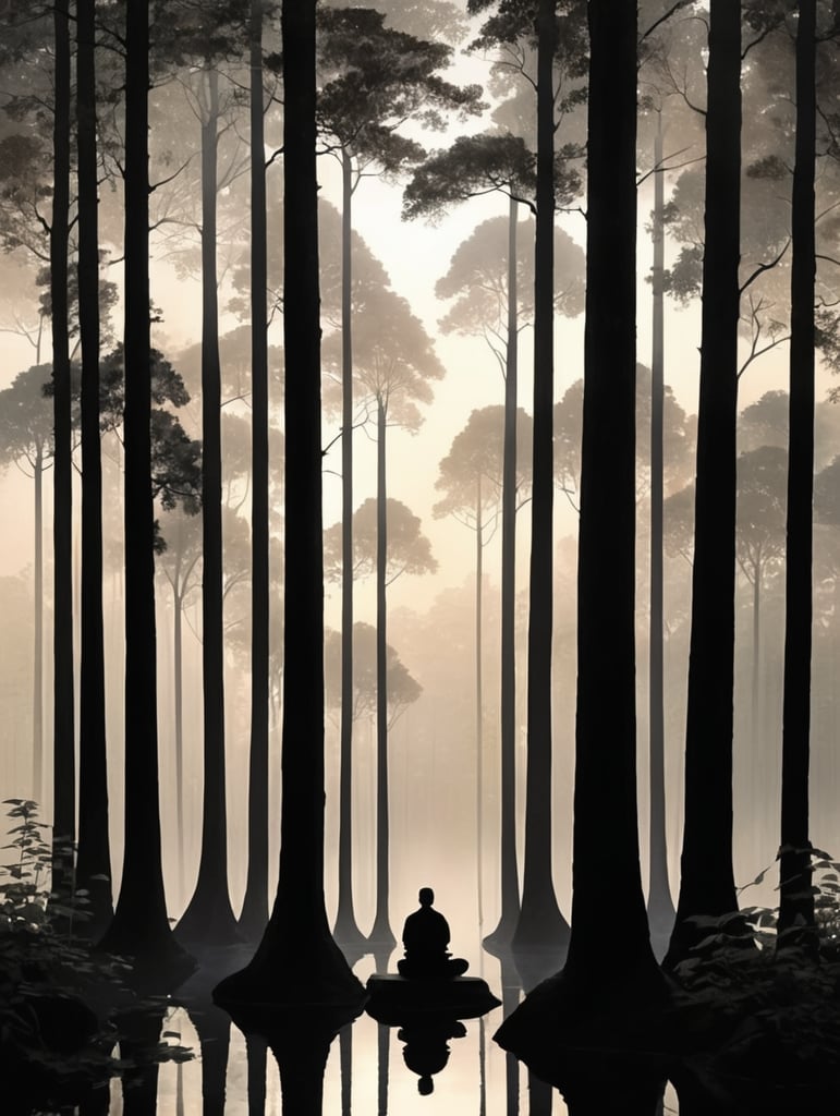 Imagine a serene scene in nature, where the stillness of a tranquil forest is captured at twilight. Envision the silhouette of tall trees against a soft, dusky sky, with the gentle rustle of leaves the only sound echoing through the woods. Amidst this peaceful setting, visualize a figure seated in quiet contemplation, their posture reflective and serene. As the world around them settles into silence, let the imagery convey the profound truth of Rumi's words: 'The quieter you become, the more you are able to hear.' Bring to life the essence of inner stillness and the power of listening within this captivating image.