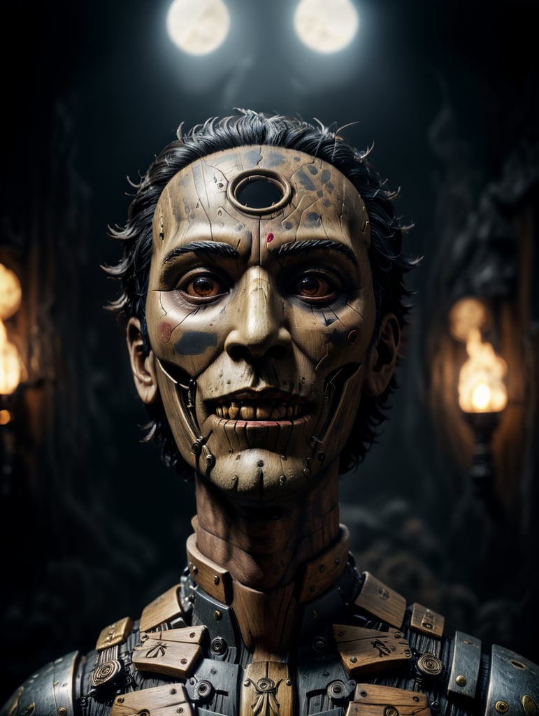 a wood doll, male, hand sculpted, one piece, plastic mask, put on face