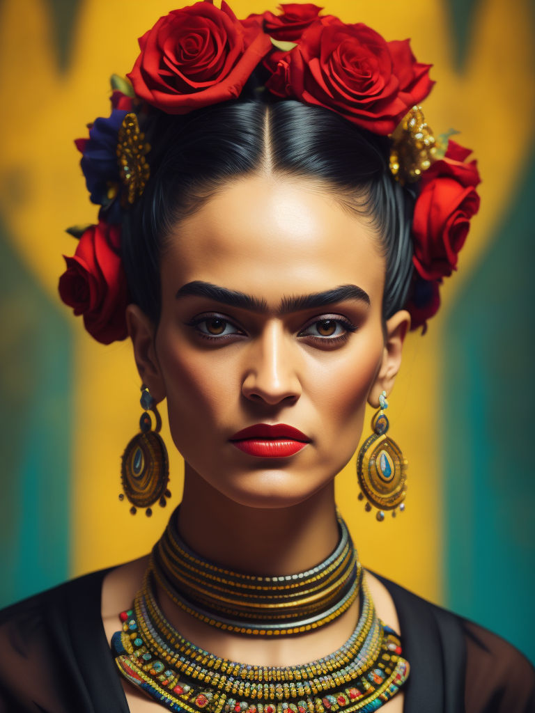 Portrait of Frida Kahlo, bright and saturated colors, elegant, highly detailed, vogue, fashion magazine, sharp focus, bright expressive makeup, dramatic lighting, depth of field, incredibly high detailed, blurred background'
