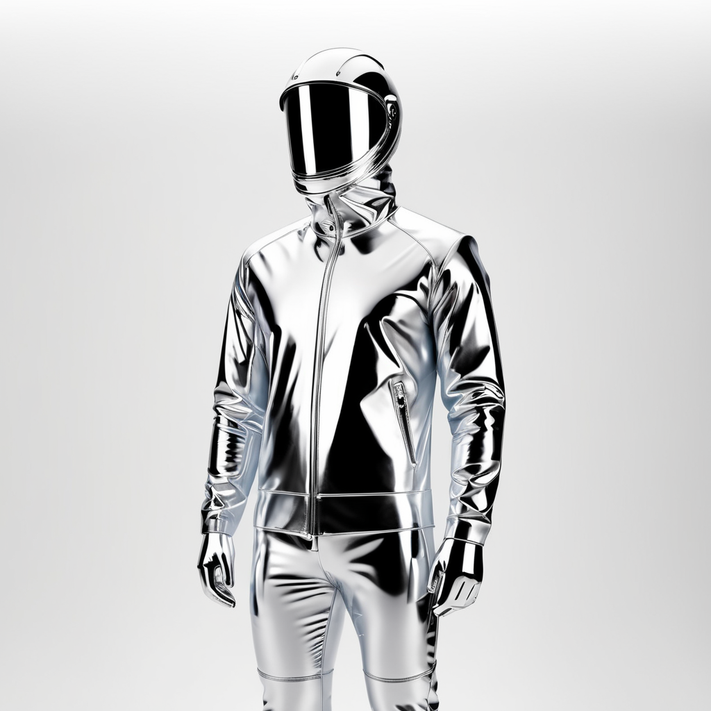 A realistic photo of a chrome shiny jacket on a invisible mannequin, coverall with reflective material, isolated, white background