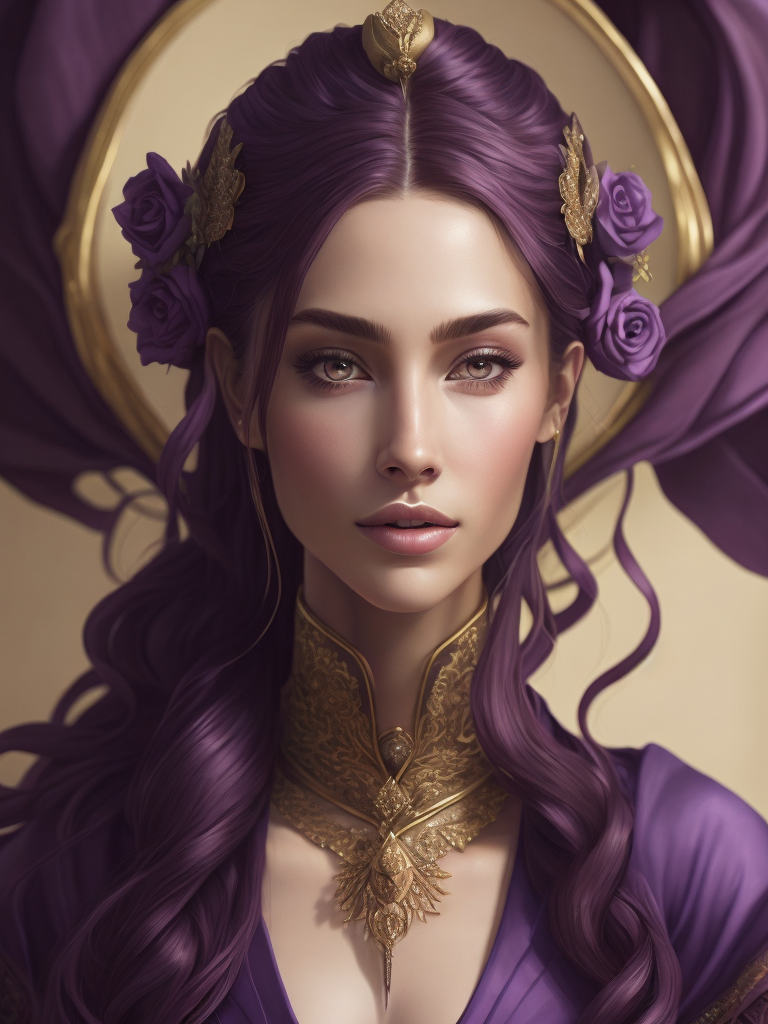 Portrait of a young queen with long wine color braided hair, royal guard purple outfit, elegant, highly detailed, digital painting, artstation, concept art, smooth, illustration, oval face, art by helena nikulina