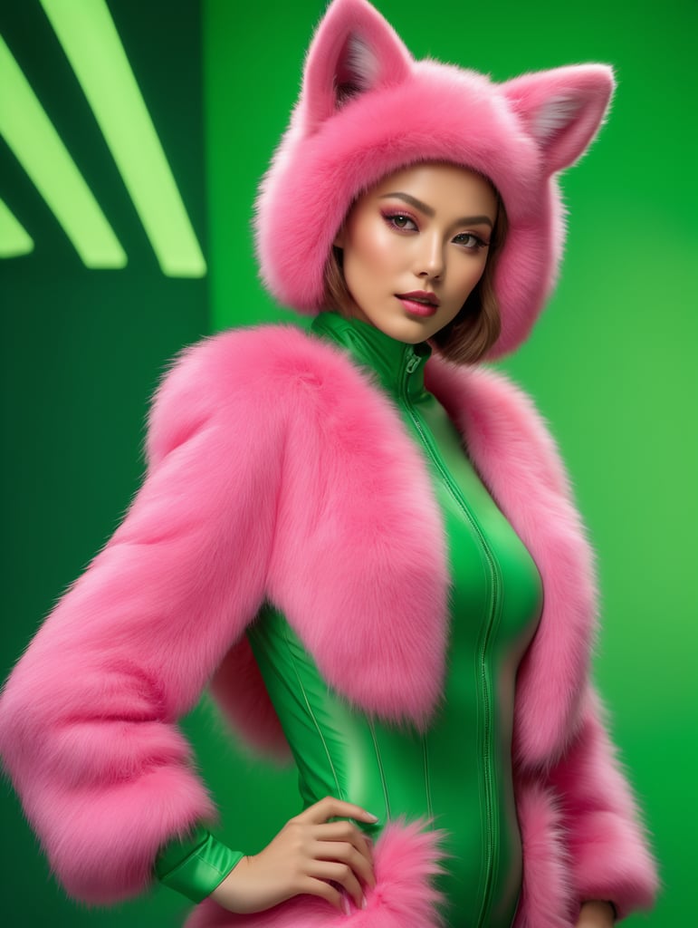 a babe in a pink fur suits poses in front of a green screen, in the style of bold, graphic lines, hyper-realistic pop, natalia rak, manticore, michael page, vibrant stage backdrops, kodak plus-x