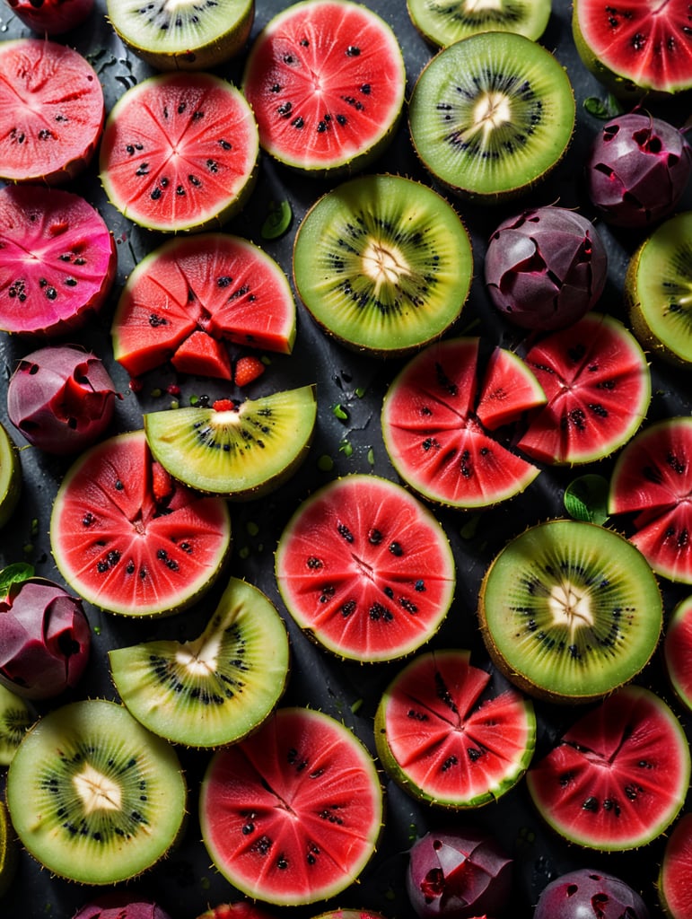 Colorful sliced fruit pieces, top view, watermelon, dragon fruit, kiwi, strawberry, texture