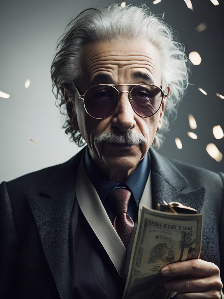 cinematic photo of Albert Einstein in rapper style. Dressed in a flashy suit, sunglasses perched on his nose, holding his Nobel Prize in his mouth like a true boss. Money raining down around him, crisp dollar bills fluttering in the air. A sleek sports car in the background, doors open, ready to ride. Einstein's confident smirk, a swagger in his stance, the embodiment of intellectual cool and unapologetic brilliance. 35mm photograph, film, bokeh, professional, 4k, highly detailed, vibrant, stunningly beautiful, high contrast, ultra-modern