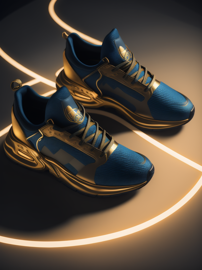 realistic photo of sports sneakers modern fashion blue and gold colors, sci-fi, deep atmosphere, dark, saturation, vibrance, sharp on details