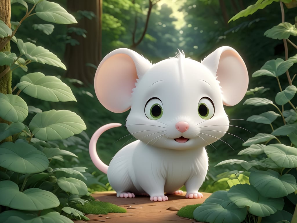 cute white mouse backwards in a green forest thick leaves lush trees nature scenery landscape.
