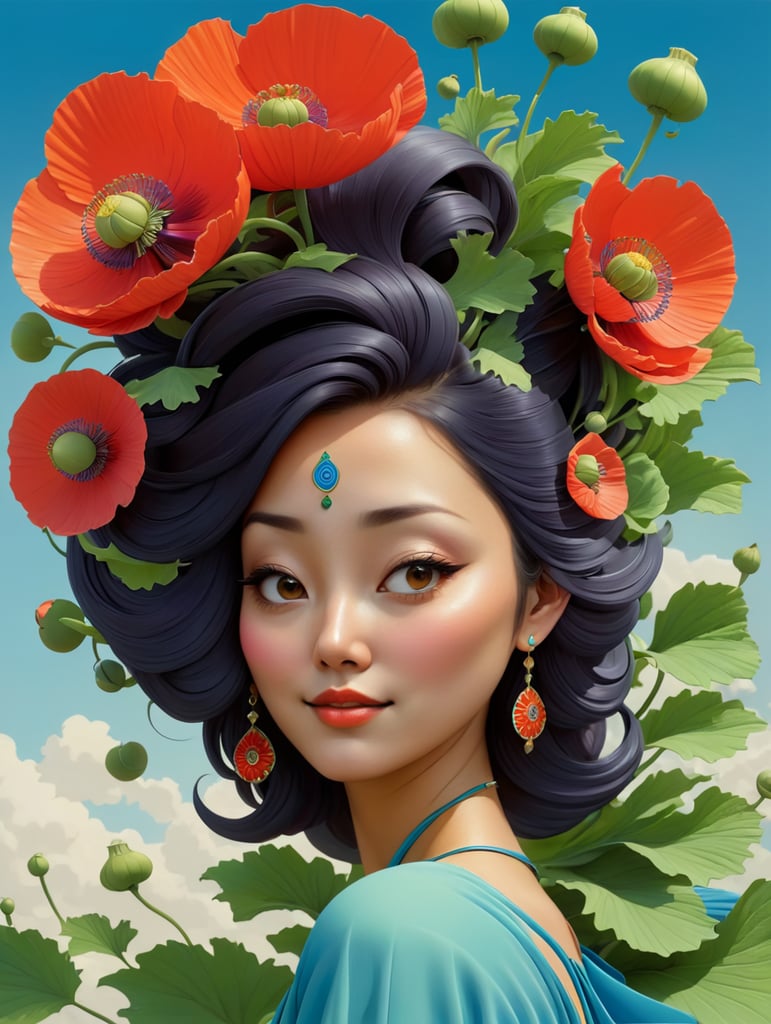 Hiroshi Nagai, ultrafine detailed painting of a woman with a n opium poppy flower in her hair, whimsical, detailed painting