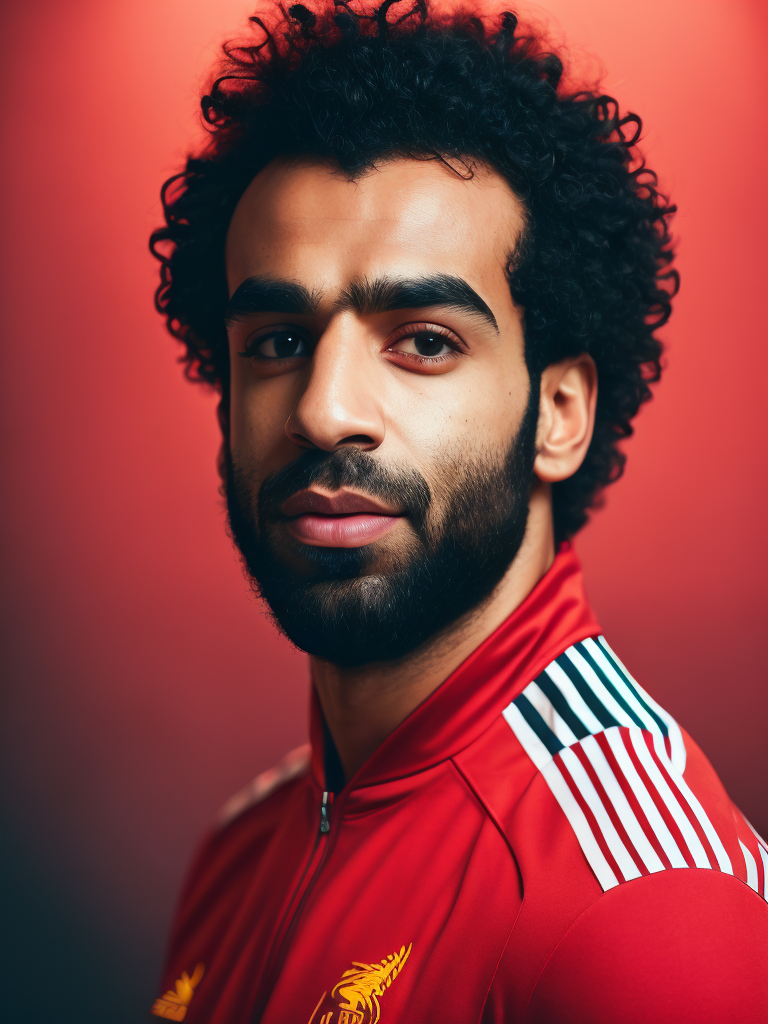 Mohamed Salah portrait in a red Liverpool football uniform, bright and saturated colors, highly detailed, fashion magazine, sharp focus, Dramatic Lighting, Depth of field, Incredibly high detailed, blurred background