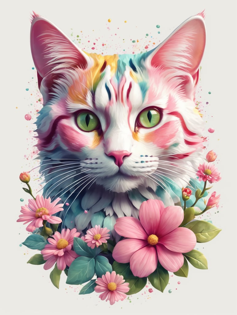 A detailed illustration of a print of a colorful cat, fantasy flowers splash, vintage t-shirt design, in the style of Studio Ghibli, light white and pink pastel tetradic colors, 3D vector art, cute and quirky, fantasy art, watercolor effect, bokeh, Adobe Illustrator, hand-drawn, digital painting, low-poly, soft lighting, bird's-eye view, isometric style, retro aesthetic, focusedon the character, 4K resolution, photorealistic rendering, usingCinema 4D