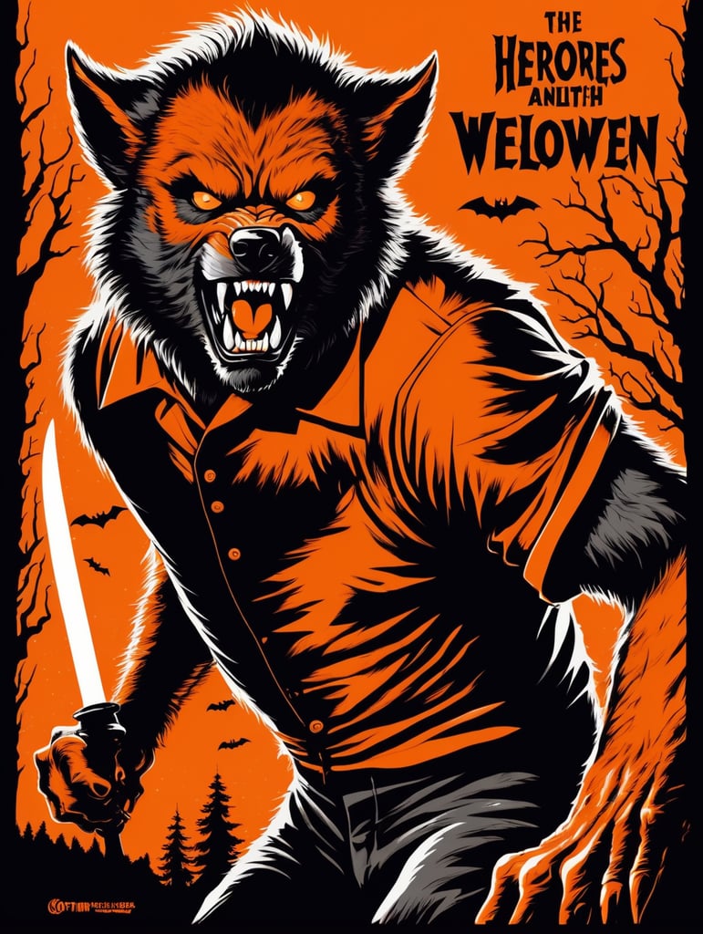1950's b-movie horror halloween t-shirt print design featuring a werewolf, orange and black hues and lighting