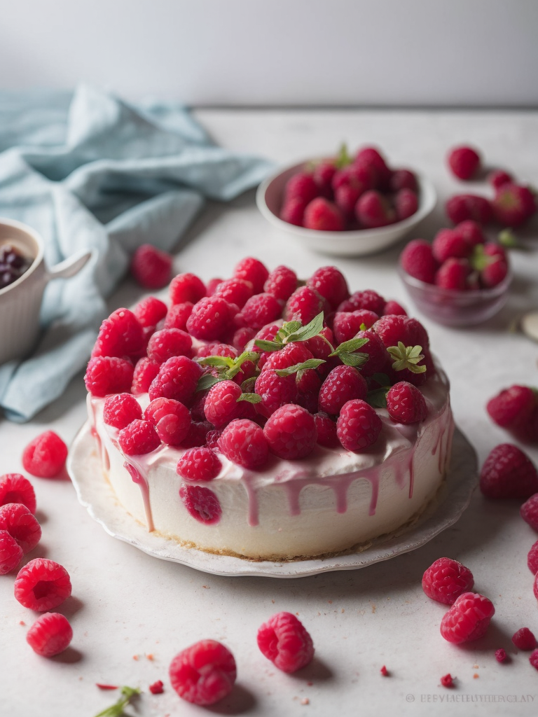 Cake with raspberries, provence atmosphere, dramatic Lighting, Depth of field, Incredibly high detailed