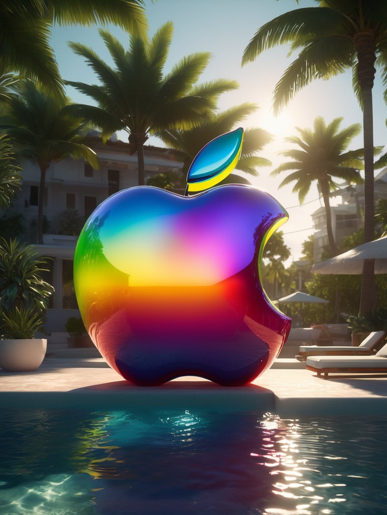 hyper realistic apple imacs as clear plastic pool float with sunlight shining through, neon palette, miami beach, unreal engine, octane render, cinematic lighting, highly detailed miami beach, y2k, bright colors, hyperrealistic, low angle, 16k, 8K UHD, 8K texture, cinematic, rim lighting, neon palette, color theory, dramatic, volumetric lighting, 35 mm, in focus, unreal engine, highly detailed, octane render, ultra high resolution