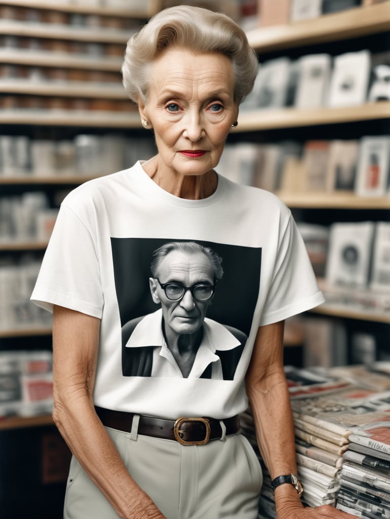 Extremely detailed photographic image, grained image, beautifully composed, monochrome image, 50's fashionable image, fashionable magazine photography, leica summicron 35mm f2.0, kodak 400tx, fashion photography, fashionable model, william s. burroughs, old woman wearing blank white T-Shirt in Clothing Store Mockup, mock up