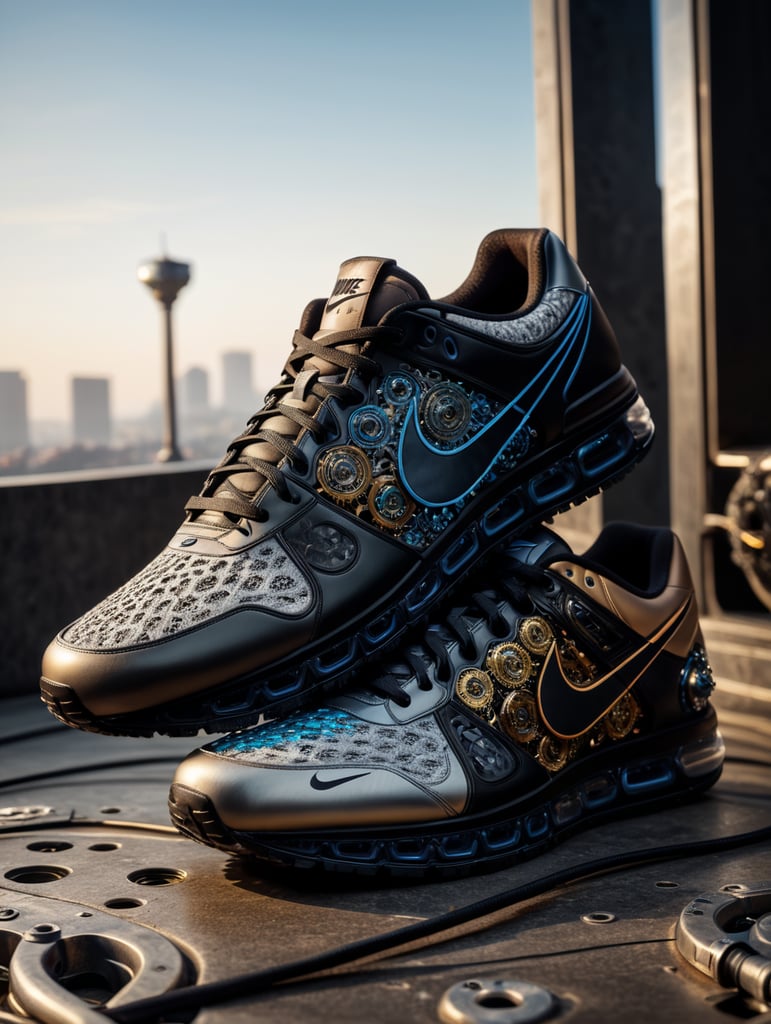 Nike sneakers made out gears, wires, mechanical, electronics, pcb, hyper-realis, futurist, stunning unreal engine render, product photography 8k, hyper-realistic. surrealism