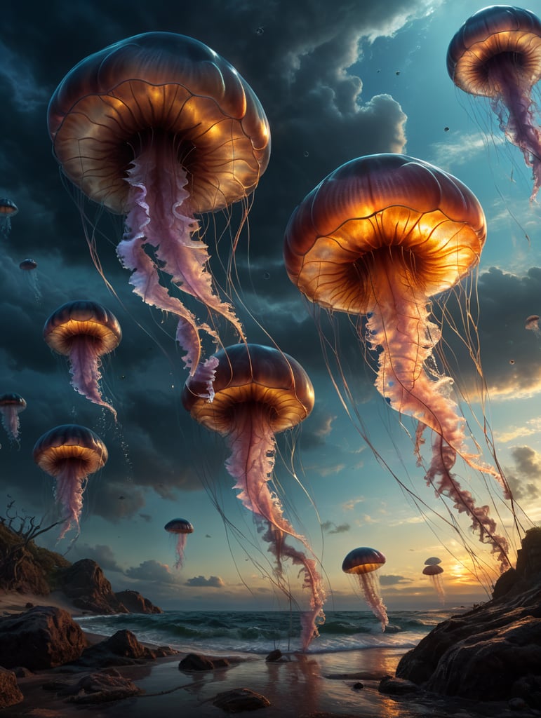 jelly fish in sky, fish on land