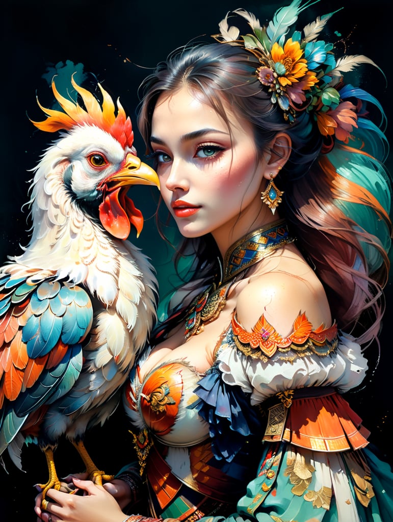 Portrait of a Beautiful women from Romanian fairytale wearing traditional costume hugging a Rooster