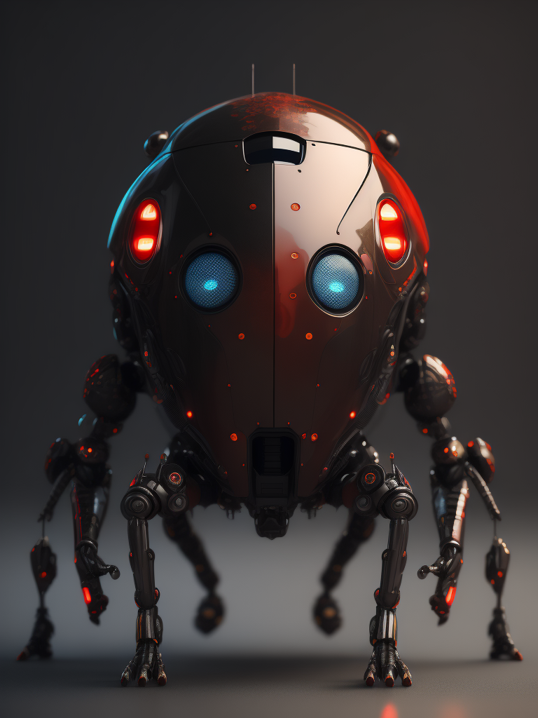 3d cybernetic ladybug robot, shiny materials, carbon fiber, internal red led lights