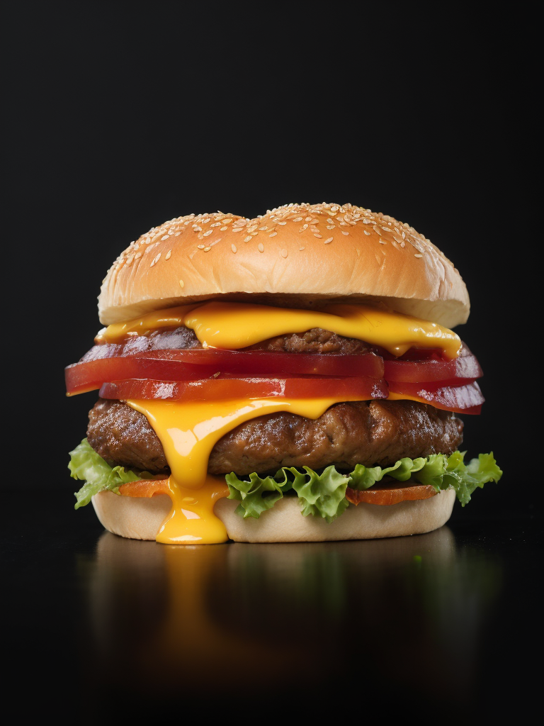 appetizing burger with leaking cheese on black background
