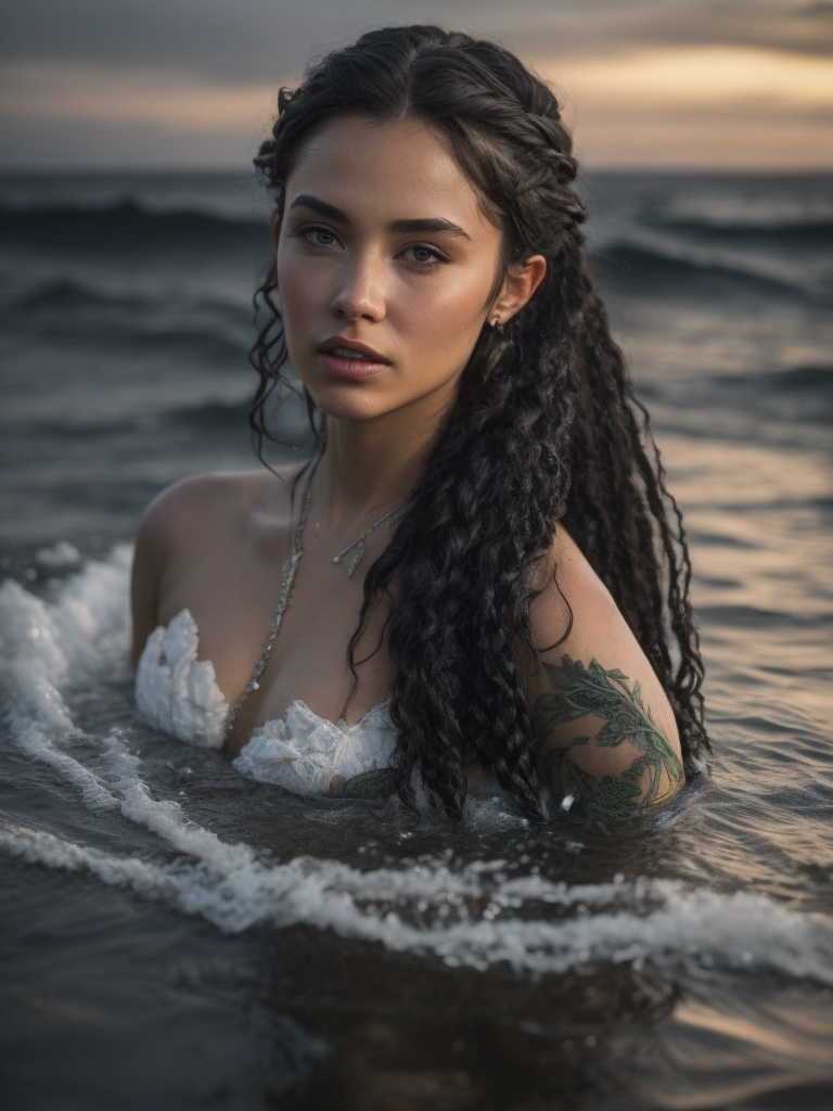 realistic looking full body mermaid with black wet hair, seaweed tangled in her hair in dark water with viking braids,holding weapons and a serious look on her face beautiful at night with a lot of detail and other warrior mermaids surrounding her