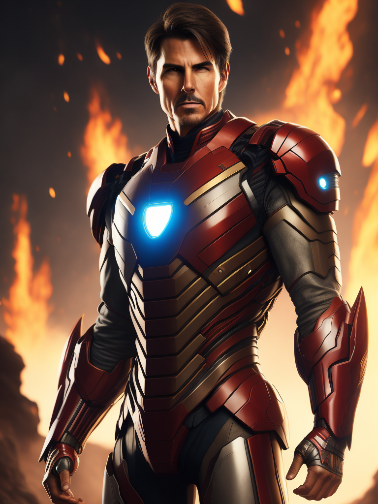 Crea un Immagine super dettagliata in 8k di Tom Cruise dentro all'armatura di Iron Man