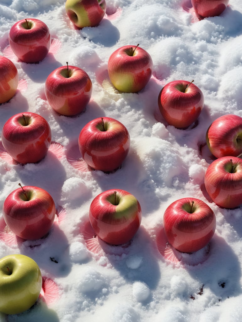 apples are lying on the snow. Pink on white. Close-up. Sunny winter day