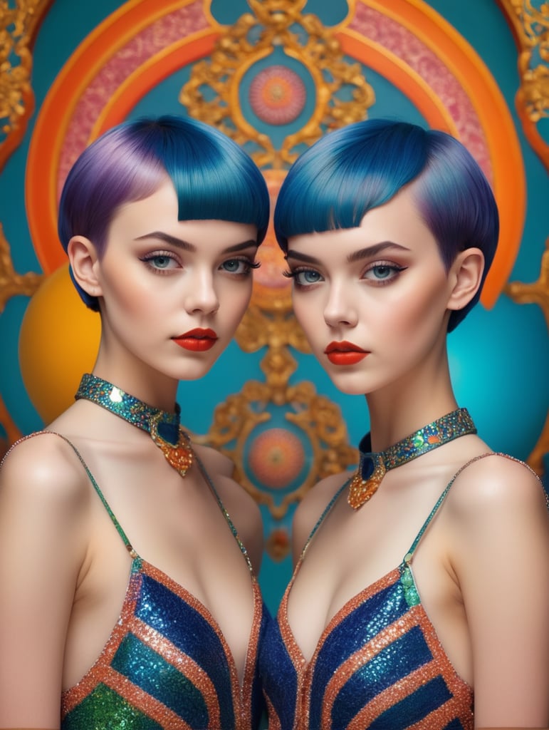 Modern portrait of two young girls with short hair standing next to each other, style of James Bidgood, frontal view, symmetry, Incredibly high detail, Bright colors