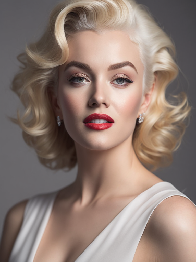 Portrait of Marilyn Monroe, ultra realistic, blonde hair, white dress, bright makeup, gradient background,