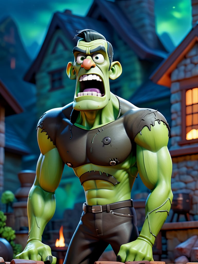 cartoon full body image of Boris Karloff as Frankenstein's Monster, Green Skin, muted color palette, atmospheric, creepy, intricate detail, reanimated corpse, scar tissue, decomposing, starring eyes, welcoming, bolts sticking out of sides of neck, gangrene, veins, mutilated, stitches across forehead, grilling on a barbecue grill