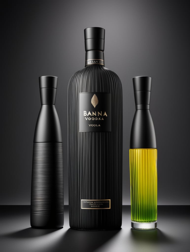 Tall minimalist glass banana vodka bottle design with a texture of closely spaced vertical lines with vibrant colors for a luxury matte black perfume with a shape inspired by vodka bottles. On a dark gray background. Packaging and branding for a banana vodka brand, a set design with banana, and banana leaves.
