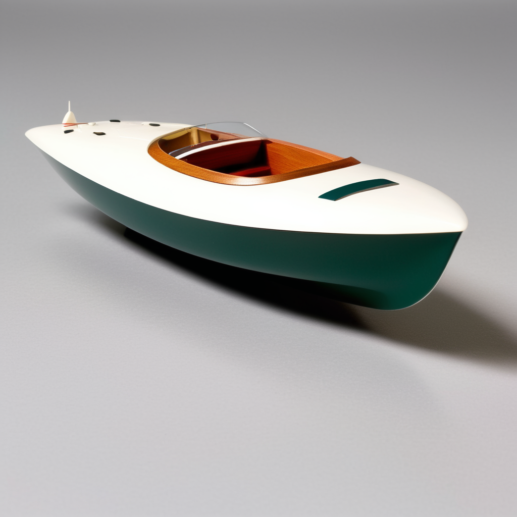 Toy chubby 1950s riva high speed racing boat designed by Dieter Rams. Simplistic minimalist post modernist product design. Oak top decking and white injection molded plastic hull. Full object in view.