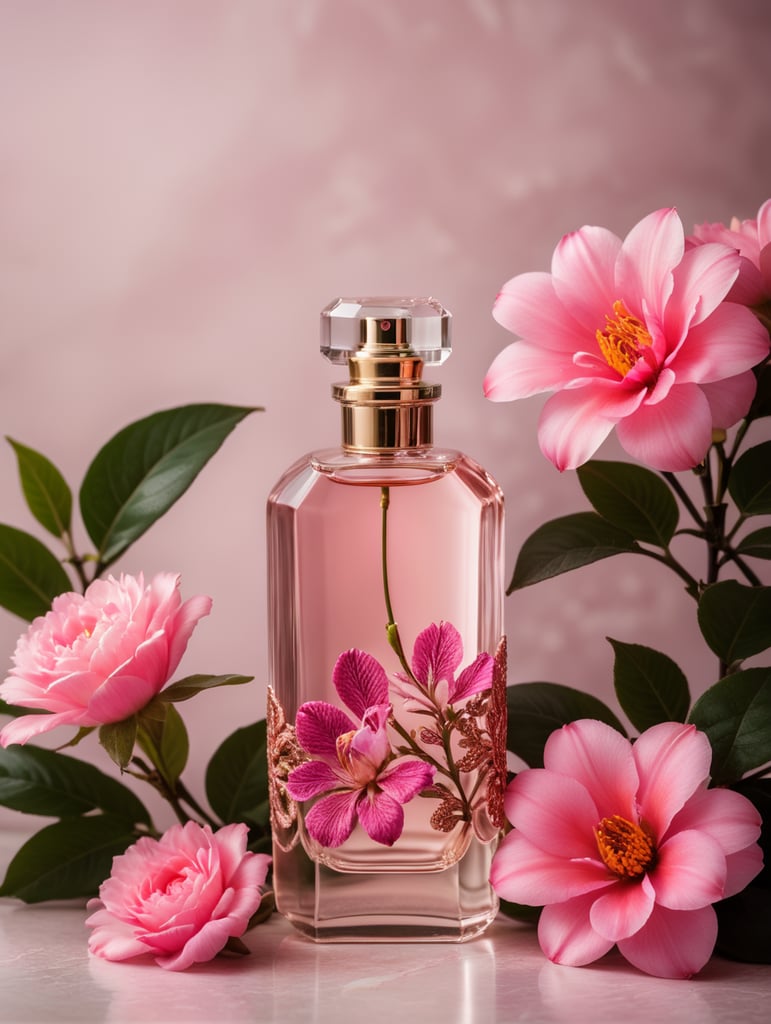 Floral background with neon colored flowers, minimalistic perfume bottle and pink snake next to the bottle