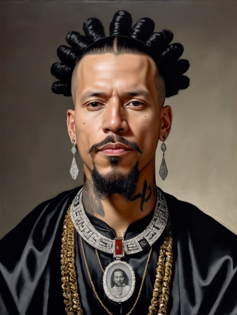 a beautiful masterpiece painting by Diego Velázquez of an english white rapper, wearing a huge diamond neckless, and classical king black clothes, with dreadlocks, and facial tattoos, classic portrait